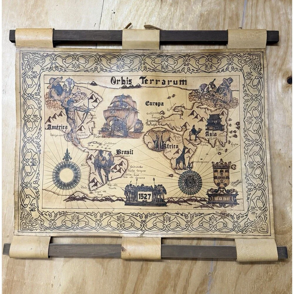 Vintage Leather World Map Wall Hanging decor Orbis Terrarum 1527 Pyrography 29.5